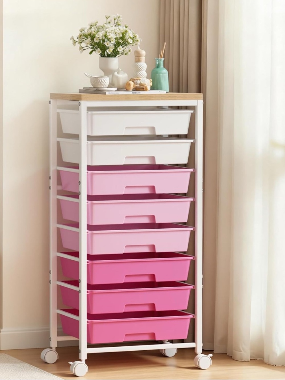 Amazon Pink and White 8-Drawer Rolling Storage Cart